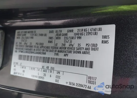 2019 Ford Escape Se from USA, damaged, VIN 1FMCU9GD8KUA96398